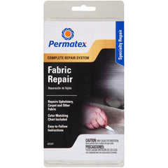 Permatex fabric repair kit front view showing tools and compound for quick interior fixes