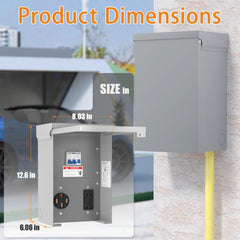 Perpending closeup of 50A receptacle and breakers, brand safety and reliability