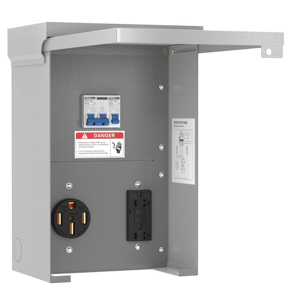 Perpending front panel view showing weatherproof door and outlets, durable protection