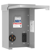 Perpending front panel view showing weatherproof door and outlets, durable protection