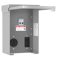 Perpending front view of outdoor RV panel showing dual outlets and weatherproof cover for safe use