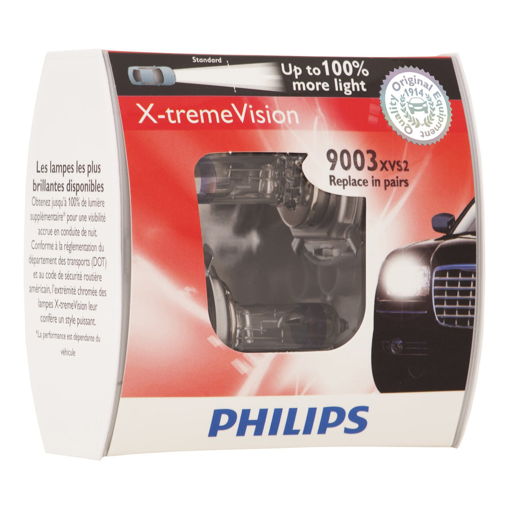 Philips 9003 X-tremeVision front view showing bulb pair and brighter night visibility benefit