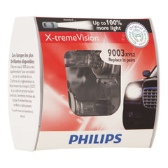 Philips 9003 X-tremeVision front view showing bulb pair and brighter night visibility benefit