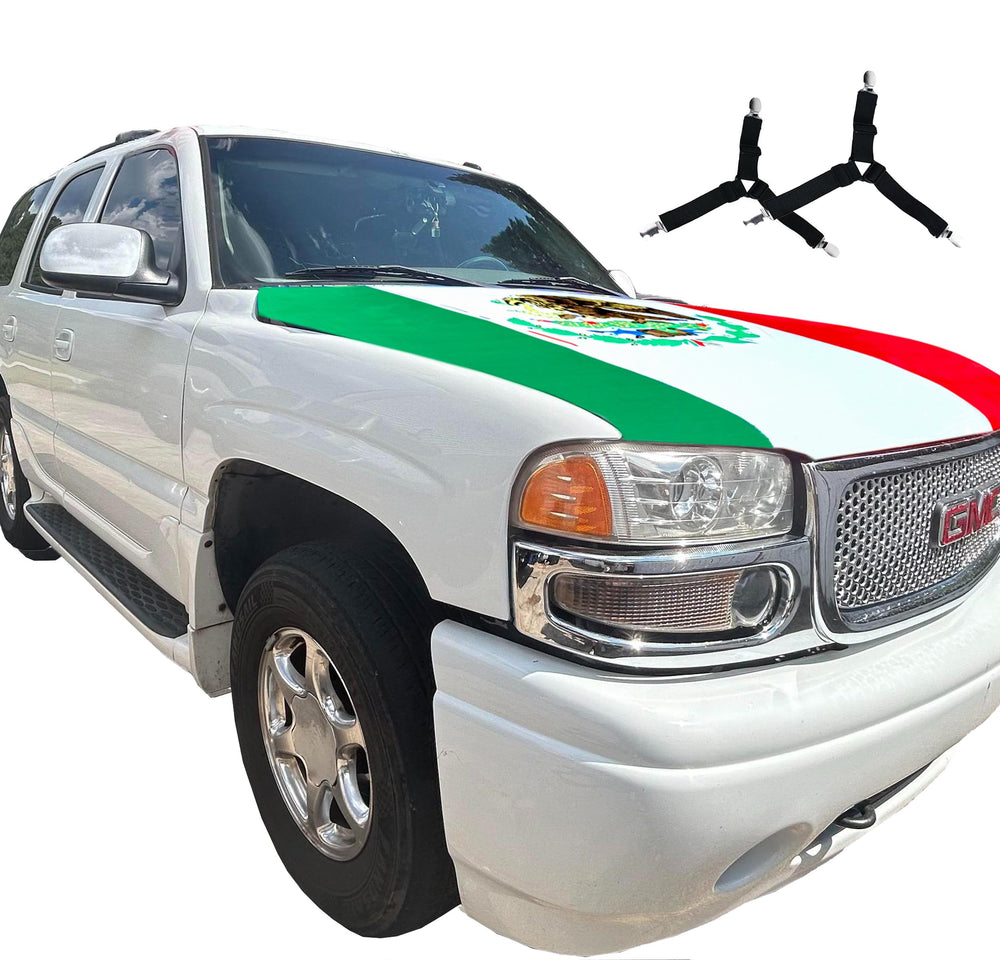 PHYZNIX front view of 4x5ft hood flag shows bold Mexican colors and visibility