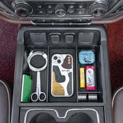 PIMCAR front view of console organizer showing form fit and tidy storage benefit
