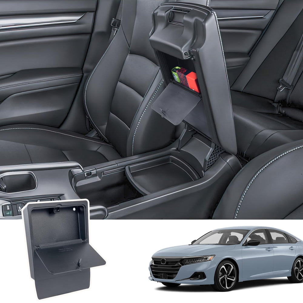 PIMCAR front view of armrest open showing hidden organizer, adds discreet storage