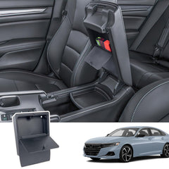 PIMCAR front view of armrest open showing hidden organizer, adds discreet storage