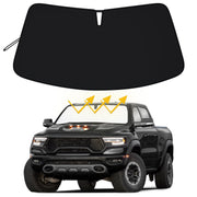 PIMCAR sun shade front view installed in RAM 1500 showing full windshield coverage and cooler cabin