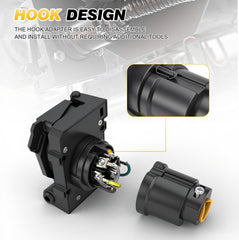 PKDOAX close-up of 5-way flat receptacle accepting 4-way plugs for versatility