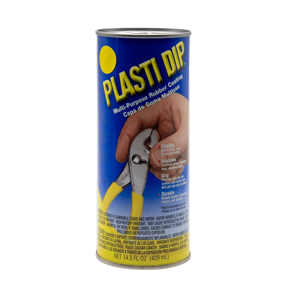 Plasti Dip dip can front label showing yellow rubber coating and product info, durable protection