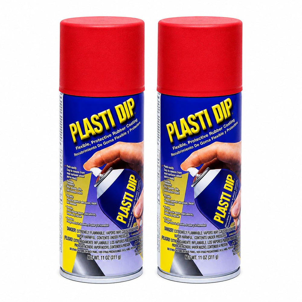 Plasti Dip red 2-pack front view showing cans and labeling, brand durability benefit