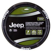 Plasticolor Jeep steering wheel cover front view showing logo and styling benefits