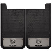 Plasticolor RAM front view mud guards showing full coverage and branded plate benefit