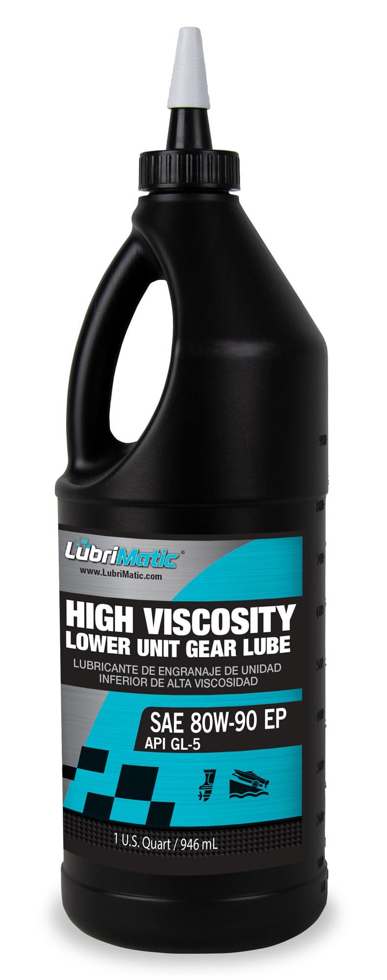 Plews LubriMatic bottle front label showing product and protects lower unit gears