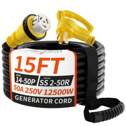 PlugSaf front view of 50A 15FT cord showing plugs and yellow jacket for visibility