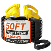PlugSaf front view of 50ft yellow RV cord showing full length and connectors for clear visibility and safety