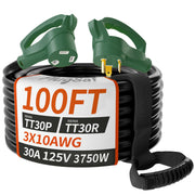PlugSaf front view of 100ft 30A green RV extension cord showing full packaging and length benefit