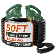 PlugSaf front connectors showing NEMA TT-30 ends and secure connection benefit