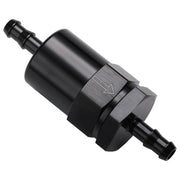 Podavelle front view of billet inline fuel filter showing ports and compact design, improving fitment