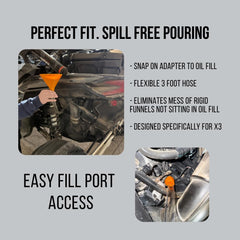 Podium Made drain funnel seated on skid plate guiding oil into pan, prevents mess