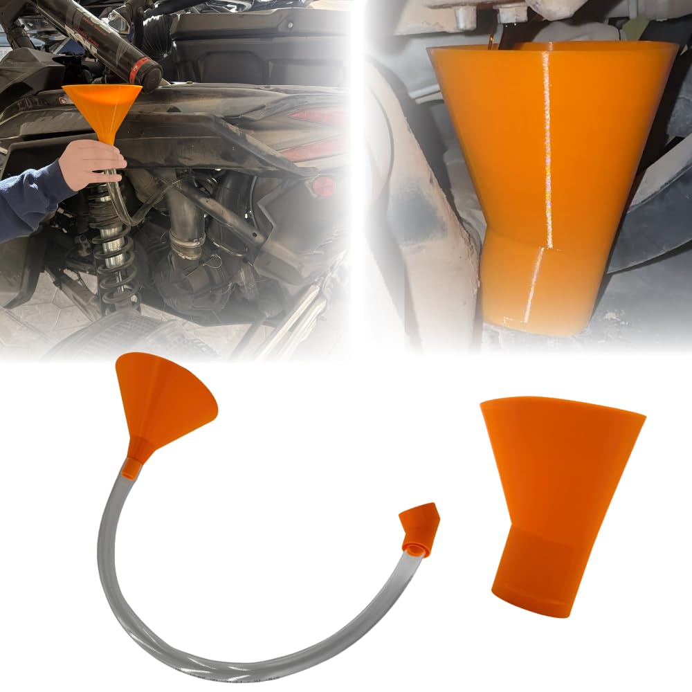 Podium Made front view of orange fill and drain combo for clean oil changes