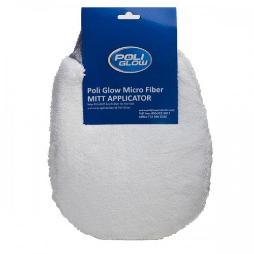 Poli Glow mitt front view showing microfiber pad and wrist cuff for even application