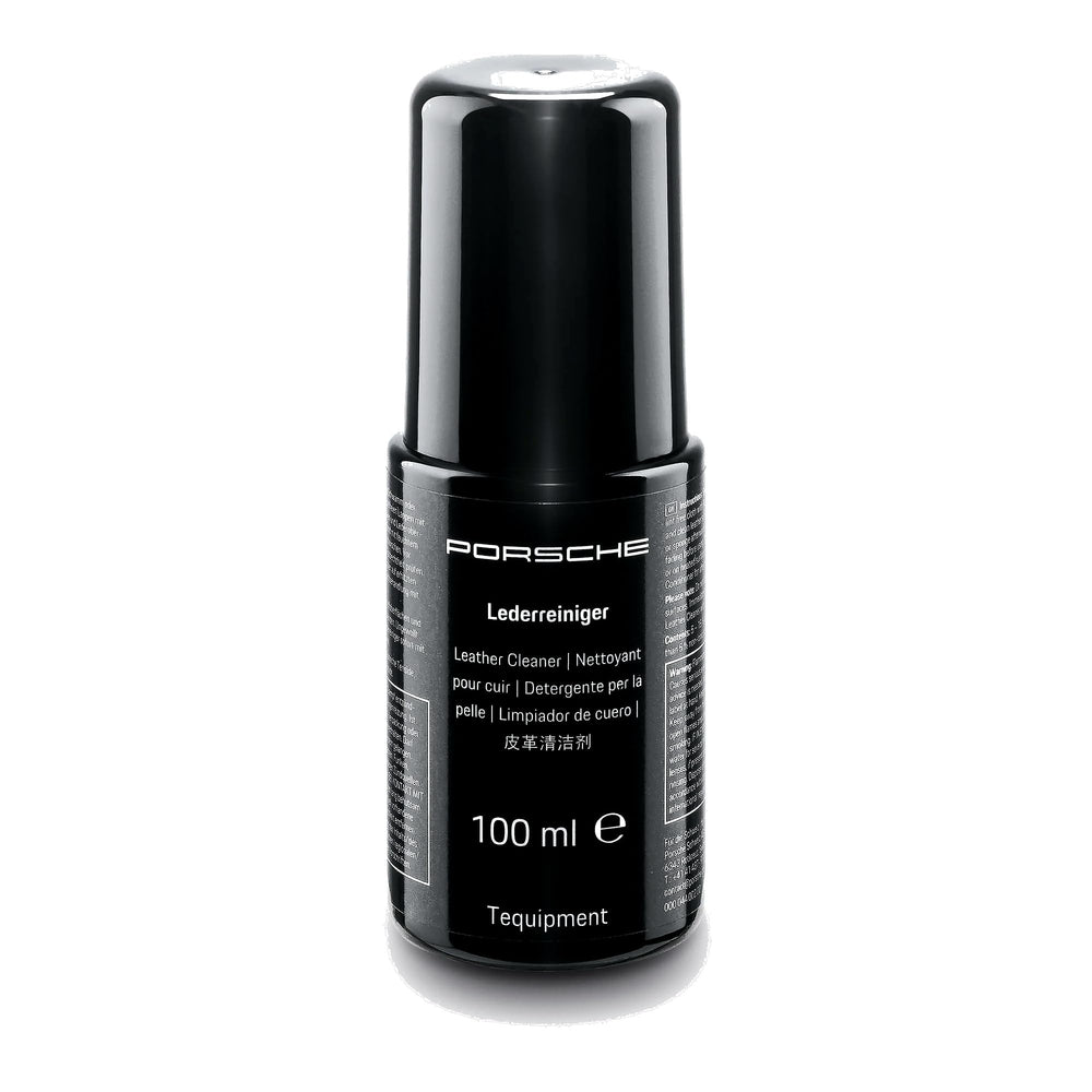 Porsche leather cleaner front packaging showing brand and 100 mL bottle for authentic care