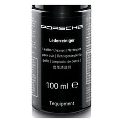Close-up of Porsche leather cleaner nozzle and label highlighting easy controlled dispensing