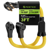 Portvoi 14-50 Y splitter front view showing dual outlets and robust construction benefit safety