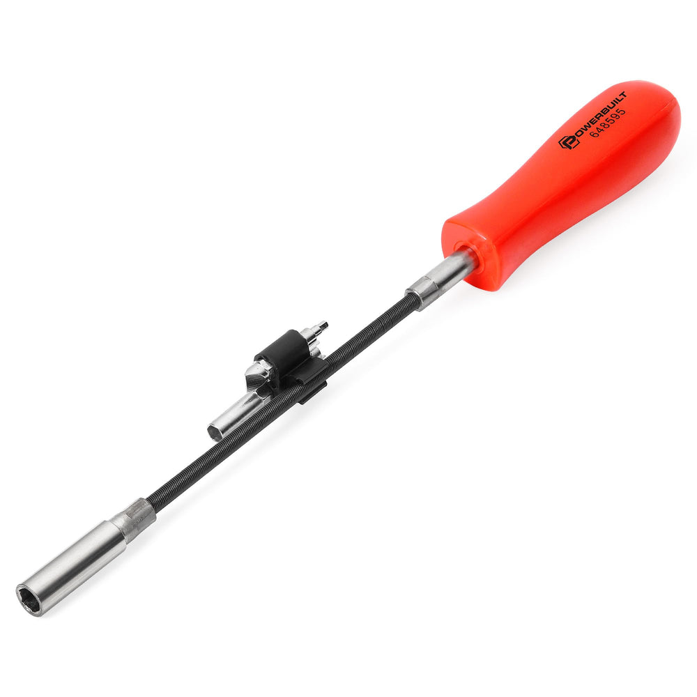 Powerbuilt front view of assembled carburetor adjusting tool showing full kit and benefit of reach