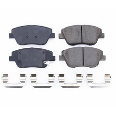 PowerStop Z17 pad surface close-up showing chamfered, slotted face for quiet braking