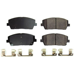 PowerStop pad surface close-up highlighting chamfered slotted design