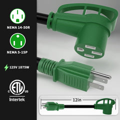 POWGRN close-up of 14-50R female and 5-15P male connectors showing solid contact reliability