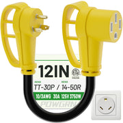 POWGRN front view of 30A to 50A adapter showing connectors and bright yellow jacket for easy visibility