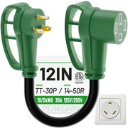 POWGRN front view of green 30A to 50A adapter showing compact shape and ports for reliable hookups