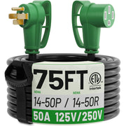 POWGRN front view of 75ft NEMA 14-50 extension cord showing durable connectors and length benefit