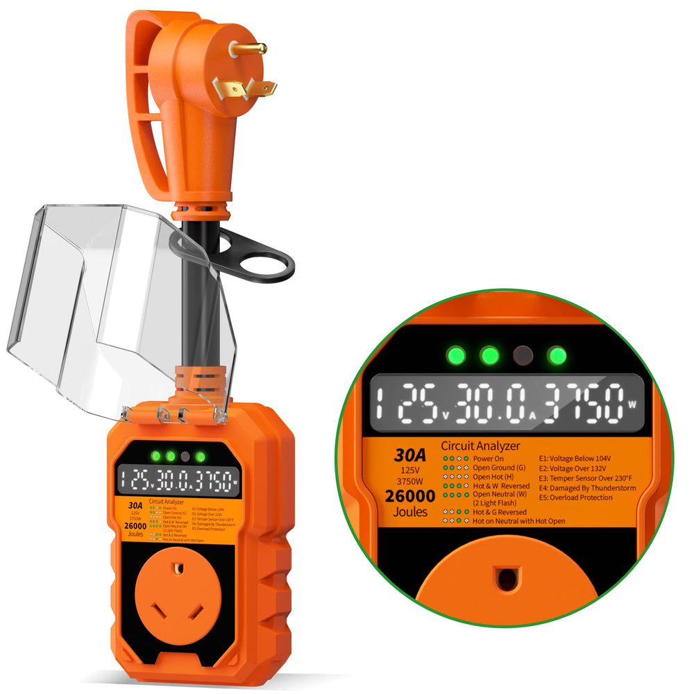 POWGRN front view showing robust 30A surge protector and ports for reliable protection