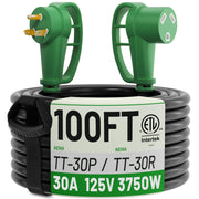POWGRN 100 ft RV cord front view showing full length and connectors, reliable reach
