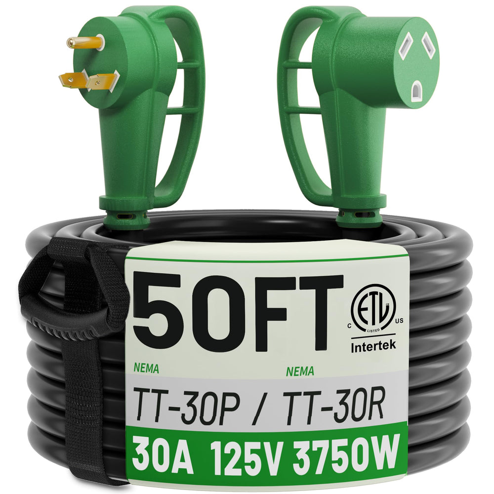 POWGRN front view of 50ft 30 amp RV cord showing durable jacket and connectors, ensures reliable outdoor power