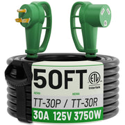 POWGRN front view of 50ft 30 amp RV cord showing durable jacket and connectors, ensures reliable outdoor power