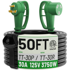 POWGRN front view of 50ft 30 amp RV cord showing durable jacket and connectors, ensures reliable outdoor power