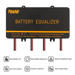 PowMr equalizer mounted in RV battery bay illustrating compact fit and space-saving benefit