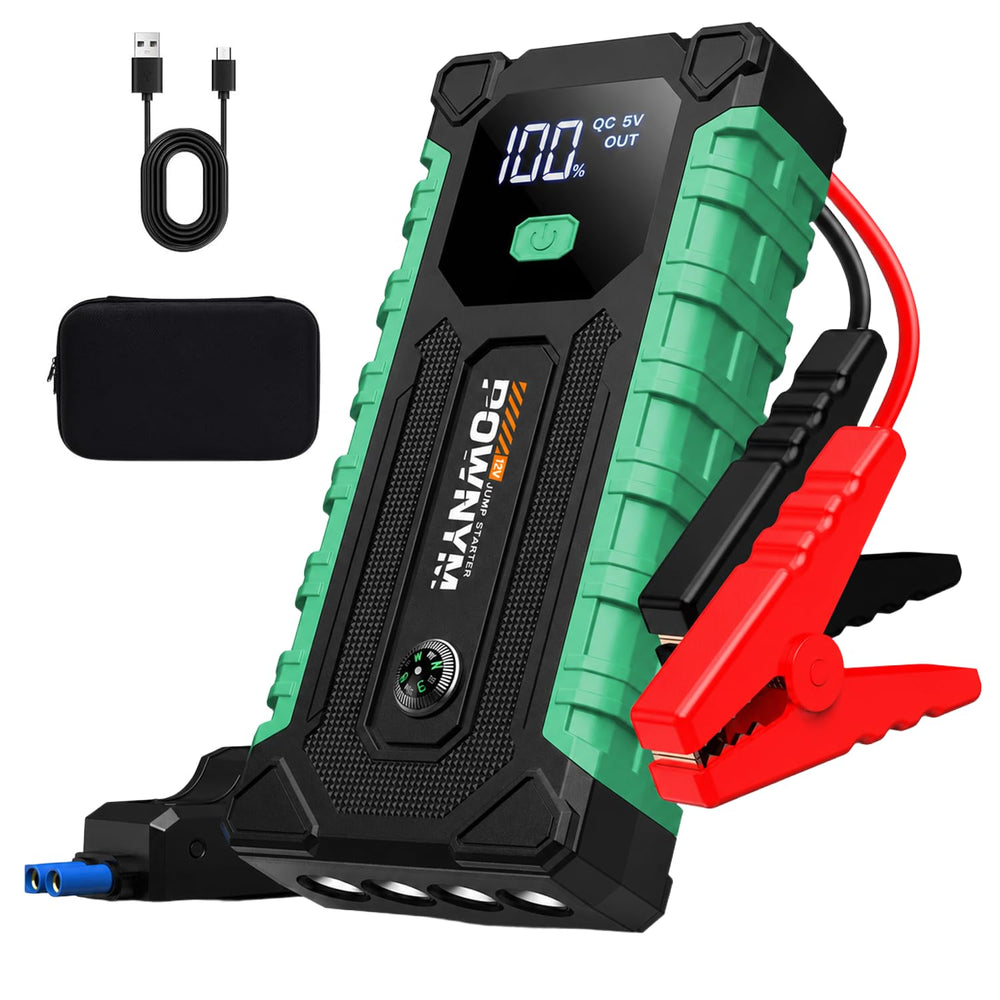 Pownym front view of compact jump starter shows portability and quick access