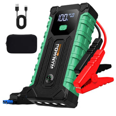 Pownym front view of compact jump starter shows portability and quick access