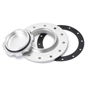 PQY billet aluminum cap front view showing polished finish and easy-fill opening