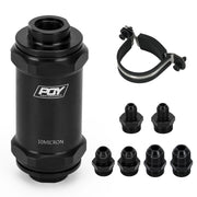 PQY inline fuel filter front view showing black anodized housing and neat finish for organized installs