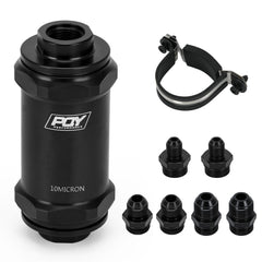 PQY inline fuel filter front view showing black anodized housing and neat finish for organized installs