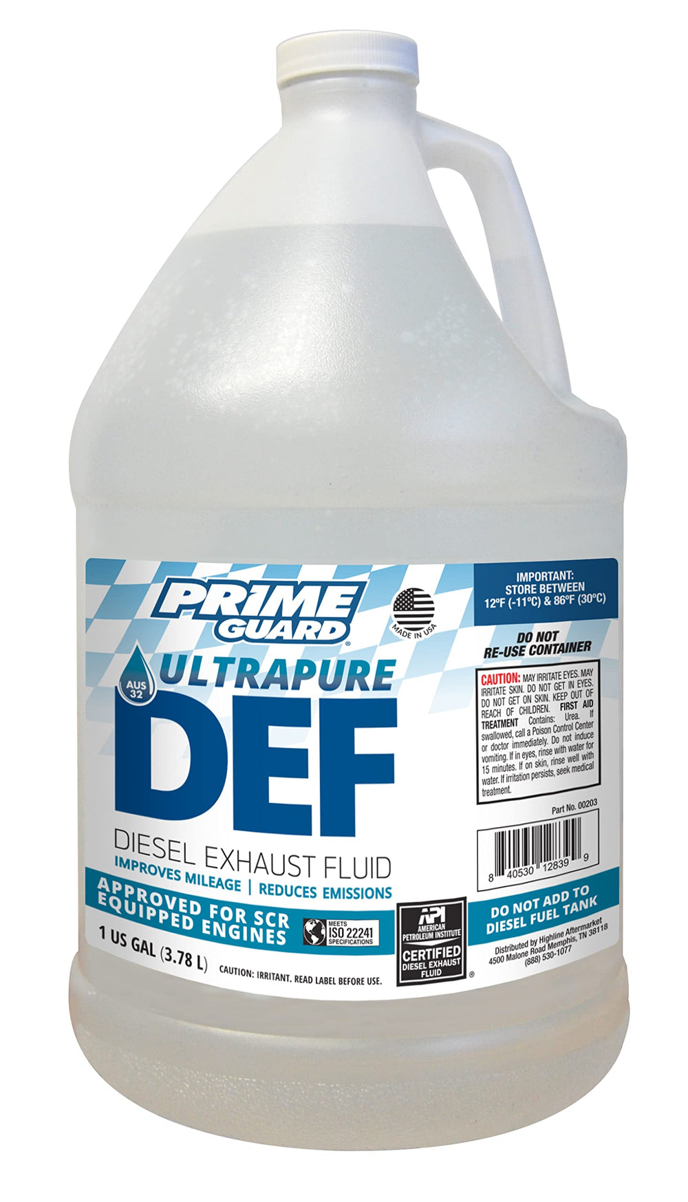Prime Guard front label on one-gallon DEF bottle showing product clarity and regulatory compliance