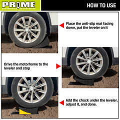 PR1ME curved ramp under RV tire demonstrating fast leveling benefit