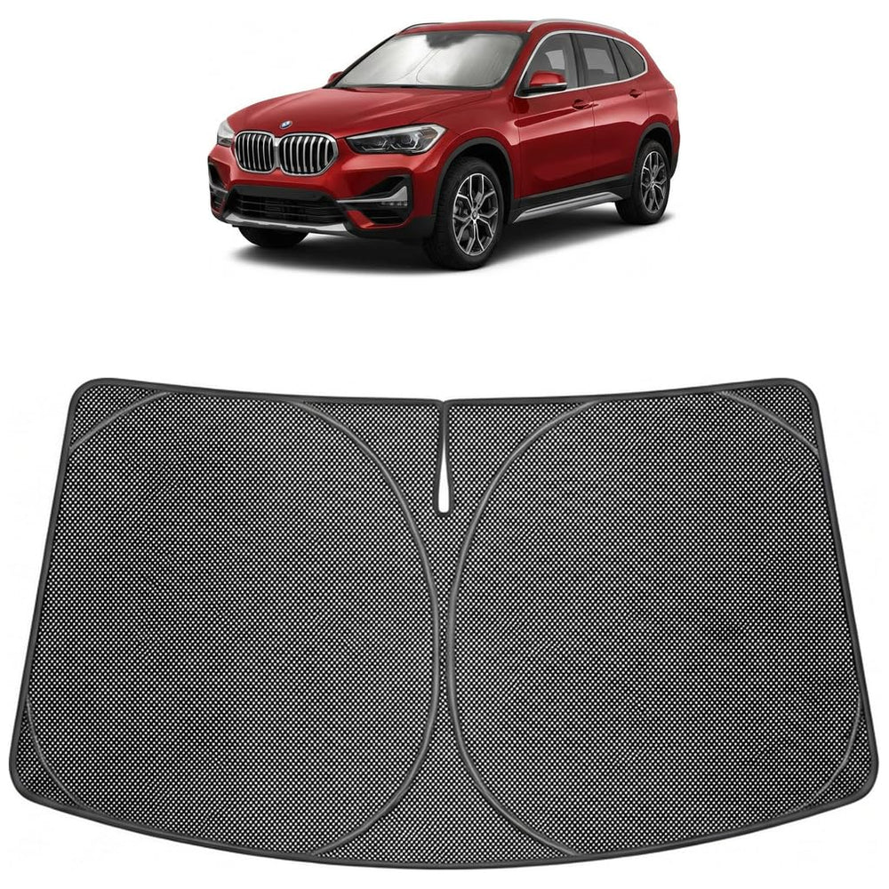 Proadsy sun shade installed in BMW X1 front windshield reduces glare and heat